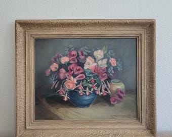 Vintage Floral Oil Pastel Painting: Signed Artist, Ornate Gold Frame
