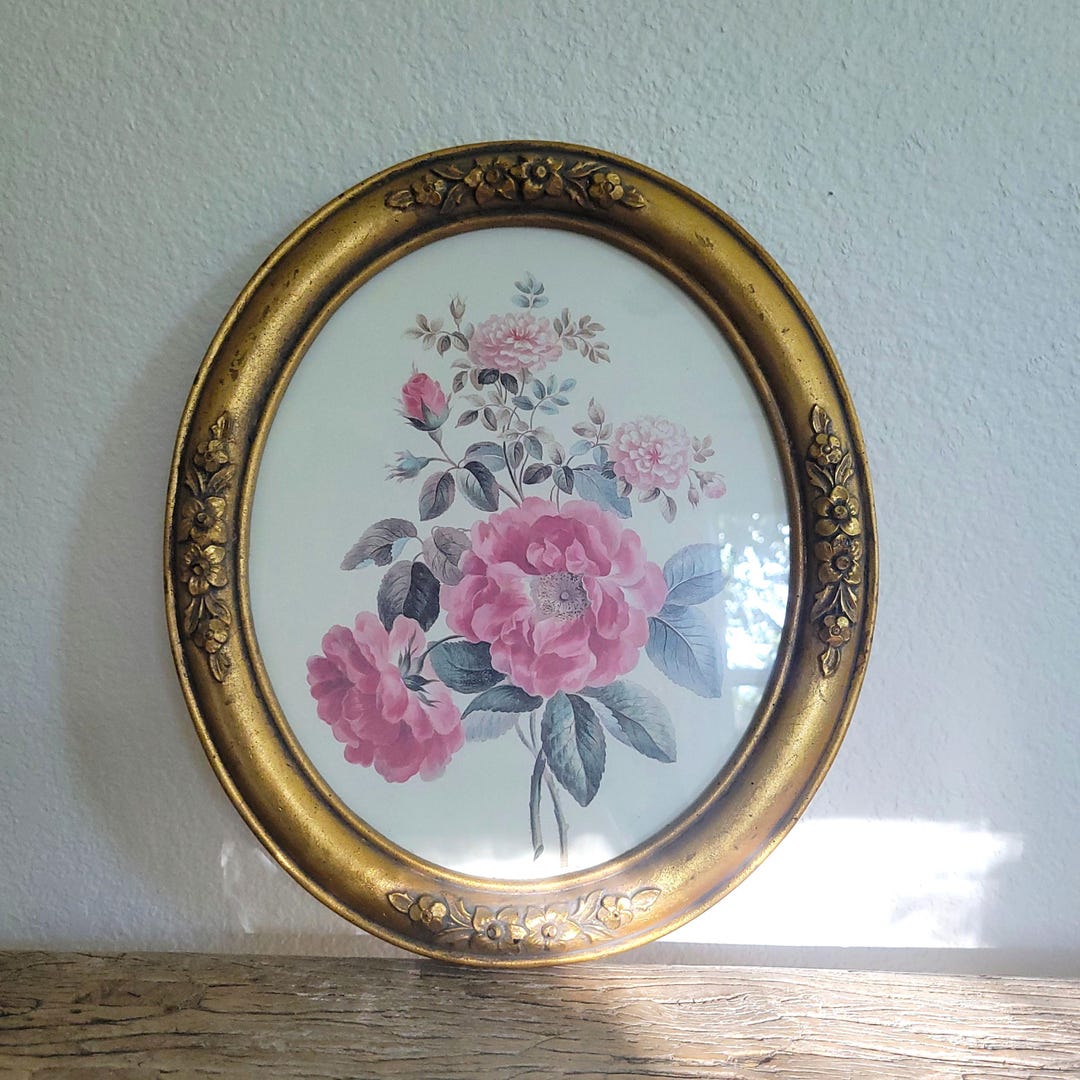 Vintage Floral Print in Ornate Gold Oval Frame - Hollywood Regency Wall ...