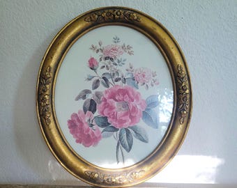 Vintage Floral Print in Ornate Gold Oval Frame - Hollywood Regency Wall ...