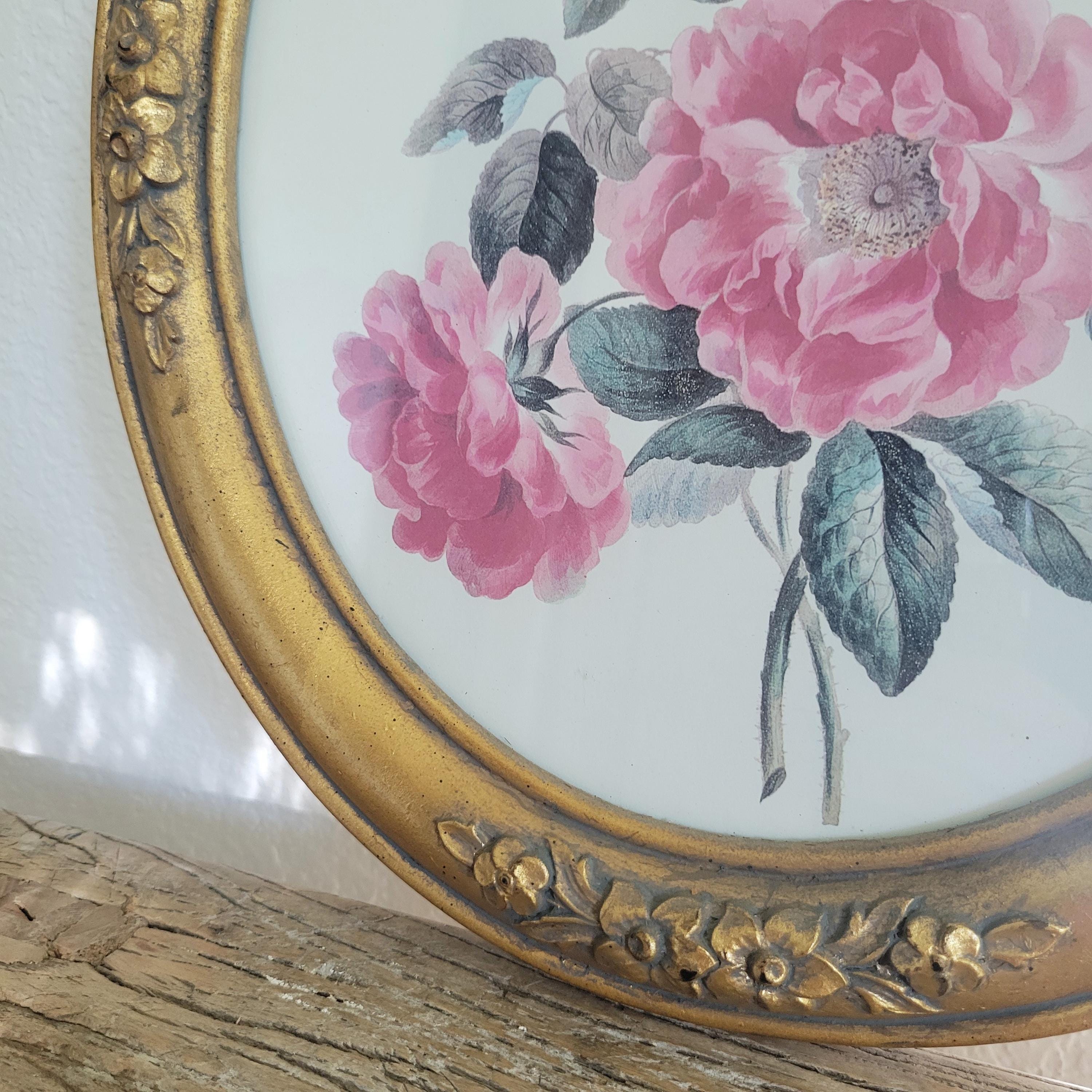 Vintage Floral Print in Ornate Gold Oval Frame - Hollywood Regency Wall ...