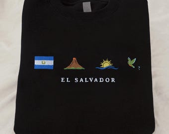 Embroidered El Salvador Sweatshirt: Volcano, Beach, Ocean, Sun, Pupusa, Torogoz