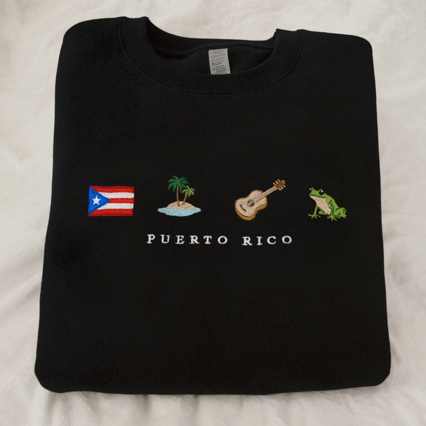 Puerto Rico Embroidery Sweatshirt, Boricua, Taino, Cotton, Black, Crewneck, Flag, Coquí, Guitar, Island, Palm Tree, Ocean, Latin Salsa Music