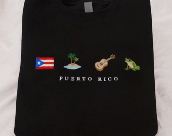 Puerto Rico Embroidery Sweatshirt, Boricua, Taino, Cotton, Black, Crewneck, Flag, Coquí, Guitar, Island, Palm Tree, Ocean, Latin Salsa Music