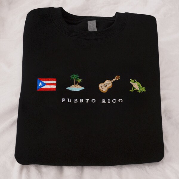 Puerto Rico Embroidery Sweatshirt, Boricua, Taino, Cotton, Black, Crewneck, Flag, Coquí, Guitar, Island, Palm Tree, Ocean, Latin Salsa Music