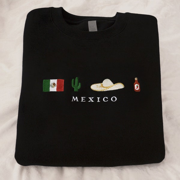 Mexico Embroidered Sweatshirt, Black, Beige, Crewneck, Flag, Sombrero Mariachi, Hot Chili Pepper, Cactus, Cinco de Mayo, Dia De Los Muertos