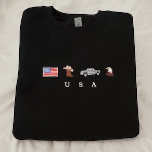 Embroidered USA Sweatshirt: Cowboy Boots, Cowboy Hat, Pickup Truck, Bald Eagle