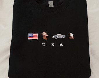 Embroidered USA Sweatshirt: Cowboy Boots, Cowboy Hat, Pickup Truck, Bald Eagle