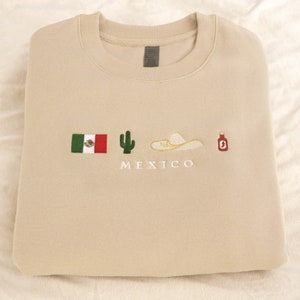 Mexico Embroidery Sweatshirt, Black, Beige, Crewneck, Flag, Sombrero Mariachi, Hot Chili Pepper, Cactus, Cinco de Mayo, Dia De Los Muertos