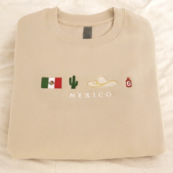 Mexico Embroidery Sweatshirt, Black, Beige, Crewneck, Flag, Sombrero Mariachi, Hot Chili Pepper, Cactus, Cinco de Mayo, Dia De Los Muertos