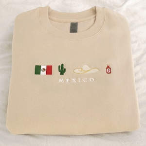 Mexico Embroidery Sweatshirt, Black, Beige, Crewneck, Flag, Sombrero Mariachi, Hot Chili Pepper, Cactus, Cinco de Mayo, Dia De Los Muertos