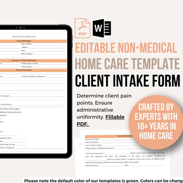 Home Care Client Intake Form, Non Medical Home Health Care Client Assessment, Admission Form, Caregiving Form, Home Care Agency Template