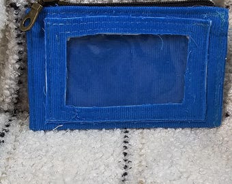 Handmade Wallet-Small Zippered w/Exterior ID window Blue Corduroy
