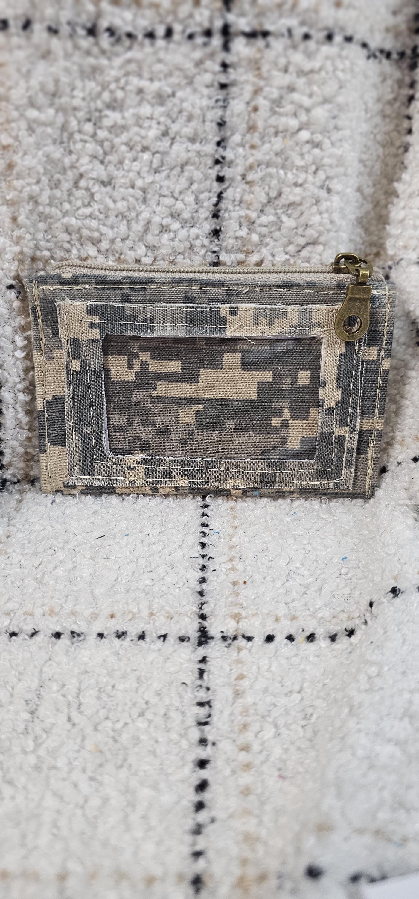 Handmade Wallet-Small Zippered w/Exterior ID window Tan Camo Cotton Canvas