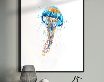 Jellyfish: ArtPrint Blue and Gold Watercolor painting, ocean,wall decor, gift for ocean lovers