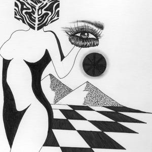 Surreal Cube Head Figure Illustration: Black and White Ink Art (Digital Download)