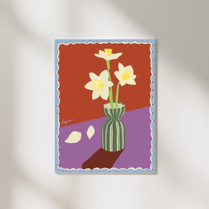 Flores de Narciso en jarrón, impresión de arte de calidad de museo, flor de nacimiento personalizada de diciembre, dibujado a mano, cartel de arte de pared de decoración estética del hogar