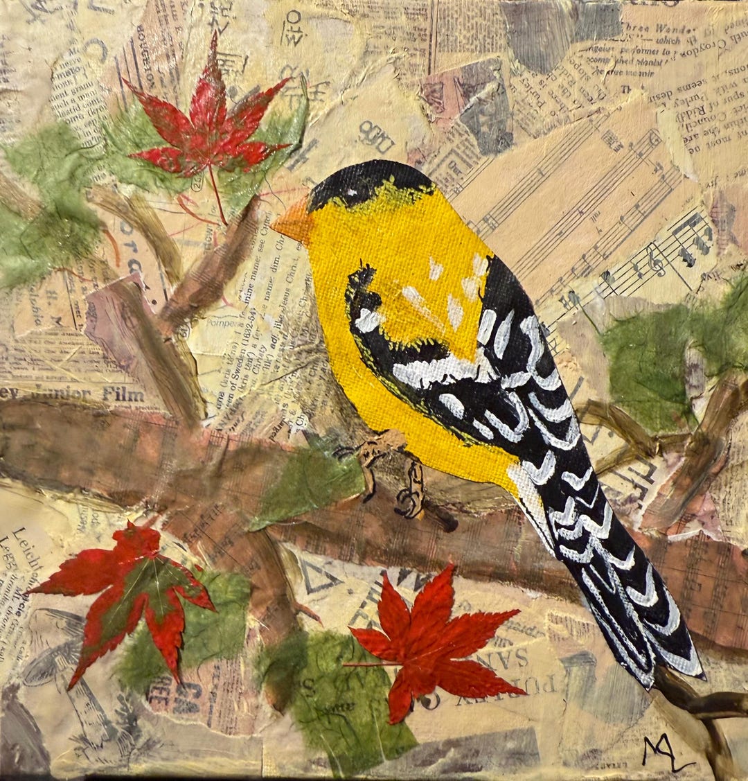 Goldfinch Mixed Media Collage - Yellow Bird Wall Art, Whimsical Nature ...