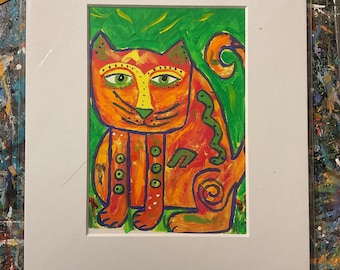 Burrito the Cat Art Print – Whimsical Folk Art Feline (5x7 Mat)