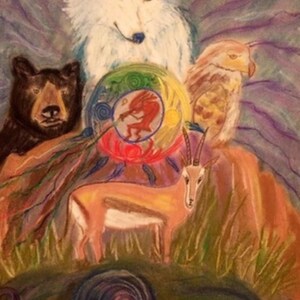 May include: A colorful painting depicting a white wolf, a black bear, a brown and white antelope, a brown and white eagle, and a red figure in a circle. The background is a purple and blue gradient.