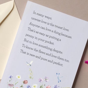 Tarjeta digital romántica: “El amor imprudente es el amor más verdadero”. Tarjeta imprimible de San Valentín o cumpleaños para él o ella: palabras de afirmación