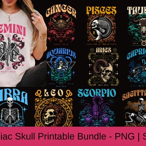 Sternzeichen Skelett Schädel Bundle - Horoskop PNG SVG - Sternzeichen druckbare - Vintage Skelett Sternzeichen, Schädel-Tierkreis Sublimation, Vintage Sternzeichen