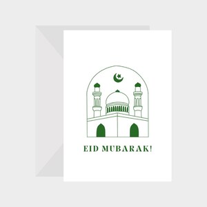 Cartão de felicitações islâmico Eid Mubarak Green Mosque 5x7 - perfeito para Eid