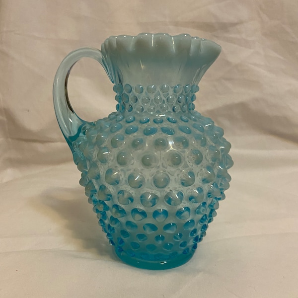 Blue Opalescent Hobnail Pitcher Ruffled Top