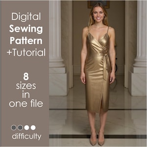 May include: A gold-coloured wrap dress with spaghetti straps and a side slit. The dress is tied at the waist with a matching fabric belt. The image includes text that reads "Digital Sewing Pattern + Tutorial" and "8 sizes in one file."
