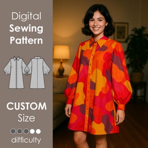 Op de afbeelding: Een vrouw draagt een overhemdjurk met een kleurrijk abstract patroon in rood, oranje en geel. De afbeelding bevat een digitaal naaipatroon met de tekst "Digital Sewing Pattern" en "CUSTOM Size". De moeilijkheidsgraad wordt aangegeven door cirkels.