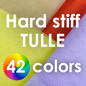 Puede incluir: Tela de tul rígida y dura en una variedad de colores. El tul se muestra en amarillo, rojo y morado. El texto "Tul rígido y duro 42 colores" se muestra en la imagen.