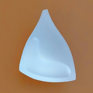 May include: A white, molded plastic bra cup insert. The insert is shaped like a teardrop and has a smooth, rounded surface.