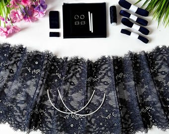 Blue DIY Lingerie Sewing Kit Underwire Bra & Panty Set Lace Straps Elastic Complete Women's Intimates Kit Undergarments DIY Bundle Craft Set