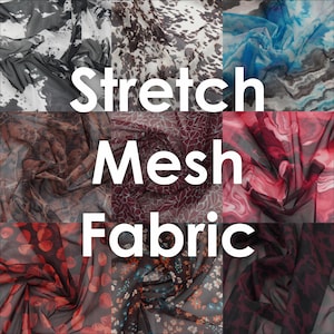 Puede incluir: Un collage de muestras de tela de malla elástica. Las telas muestran diversos patrones y colores, incluyendo diseños en blanco y negro, azul, rojo y floral. El texto "Stretch Mesh Fabric" está superpuesto en blanco.