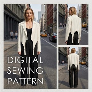 May include: A white blazer with a cropped front and long back panels featuring two vertical straps hanging from the hem. The blazer is worn over a black tank top and black trousers. The text DIGITAL SEWING PATTERN is overlaid on the image.