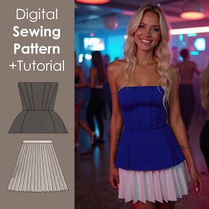 Pode incluir: Um padrão de costura digital e um tutorial. A imagem mostra uma mulher usando um top azul sem alças e uma saia plissada. A saia é branca e rosa. A imagem também mostra um diagrama do top e da saia.