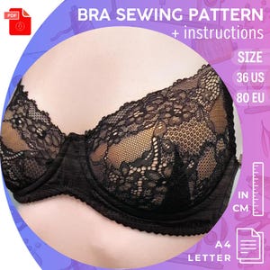 May include: A black lace bra sewing pattern in PDF format, with instructions included. The pattern is for a size 36 US or 80 EU bra.