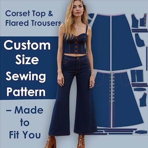 May include: A woman models a dark blue corset top and flared trousers with orange stitching. The image includes the text "Corset Top & Flared Trousers", "Custom Size Sewing Pattern", and "- Made to Fit You". A sewing pattern is visible.