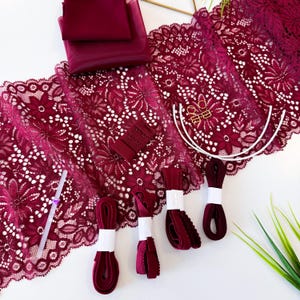 Burgundy Bra & Panty Sewing Kit 2.5 m LACE! Lingerie Making Set Straps Elastic Complete Women's Intimates Undergarments Material DIY Bundle