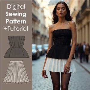 Korsettklänning med peplum och veckad kjol, benad livstycke, sömnadsmönster i PDF-format, digital handledning, festoutfit, gör-det-själv, tvådelat set, moderiktig bustier