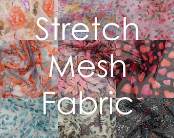 Floral & Heart Print Stretch Mesh Fabric 150cm/59" Sheer Transparent Soft Power Net Elastic Bra Making Underwear Dance Costumes Stagewear