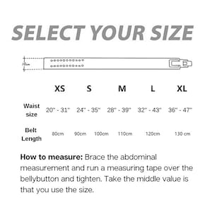 May include: A size chart for a belt with measurements in inches and centimetres. The chart shows the waist size in inches and the corresponding belt length in centimetres. The chart also includes a description of how to measure your waist.