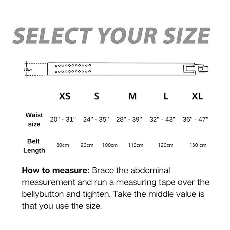May include: A size chart for a belt with measurements in inches and centimetres. The chart shows the waist size in inches and the corresponding belt length in centimetres. The chart also includes a description of how to measure your waist.