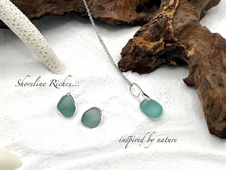 Rare Sea Glass Jewelry Set: Necklace & Earrings - Mediterranean Find Seamist stud set