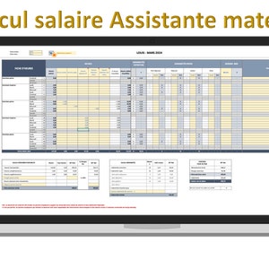 Peut inclure: Un écran d'ordinateur portable affichant une feuille de calcul pour calculer le salaire d'une assistante maternelle. La feuille de calcul comprend des colonnes pour les heures travaillées, les jours de la semaine et d'autres informations pertinentes. Le titre de la feuille de calcul est "Calcul salaire Assistante maternelle".
