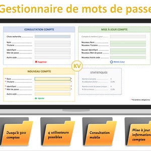 Puede incluir: Una pantalla de ordenador que muestra un sistema de gestión de contraseñas con cuatro secciones: Consulta de cuenta, Actualización de cuenta, Nueva cuenta y Estadísticas. El sistema permite a los usuarios crear, actualizar y consultar cuentas, así como ver estadísticas sobre el uso de las cuentas. La pantalla está en un ordenador portátil con un fondo gris. Debajo del portátil hay cuatro carpetas etiquetadas: Hasta 900 cuentas, 4 usuarios posibles, Consulta móvil y Actualización de información de cuentas.