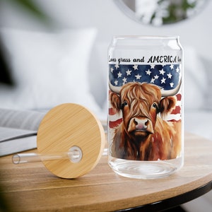 Ama l'erba e anche l'America Bicchiere in vetro Mucca delle Highlands Tazza da caffè ghiacciato da 16 once Tazza in vetro Mucca delle Highland con coperchio e cannuccia Tema della Mucca delle Highlands