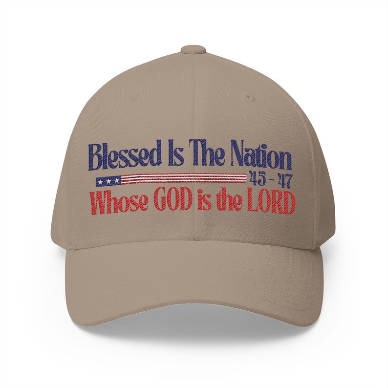 Embroidered Trump Baseball Hat: Patriotic USA, Blessed is the Nation Khaki