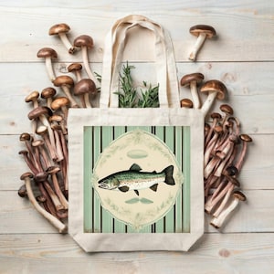 Forelle Fischer Ästhetischer Canvas Tote, Angeln Vibes, trendige Fisch Einkaufstasche, Sardinen, Geschenk für Bootsfahrer, Vintage Angeln, Frühlings-Einkaufstasche