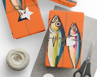 Papel de regalo de sardinas, papel de regalo para él, papel de regalo para papá, papel de regalo de pescado, papel de regalo para el Día del Padre, papel de regalo de trucha, lubina y róbalo.
