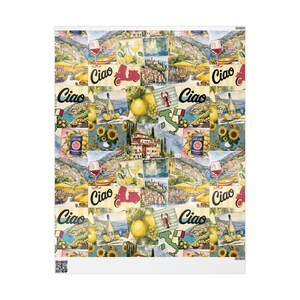 May include: A colorful collage of Italian-themed images, including lemons, wine glasses, a Vespa scooter, and the word "Ciao" repeated throughout. The background is a light yellow with a white border.